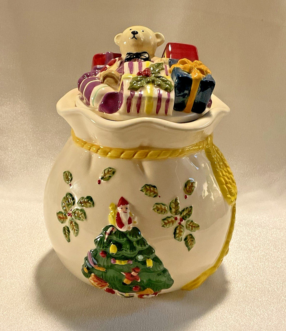Spode Christmas Tree Teddy Bear Gifts Ceramic Cookie Candy Jar w/Lid 7"